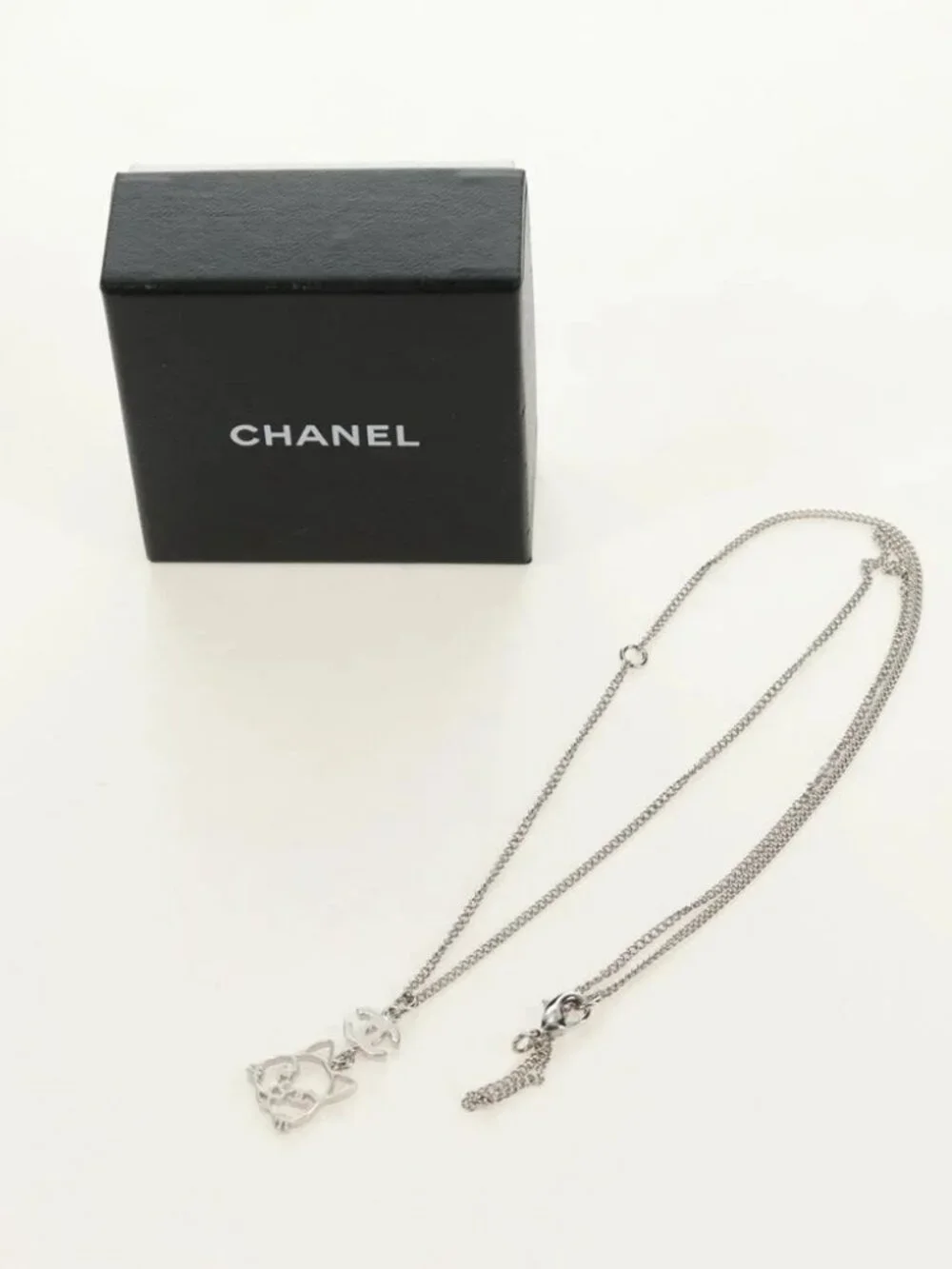 CHANEL COCO Mark Cat Necklace metal Silver CC Auth 184248M